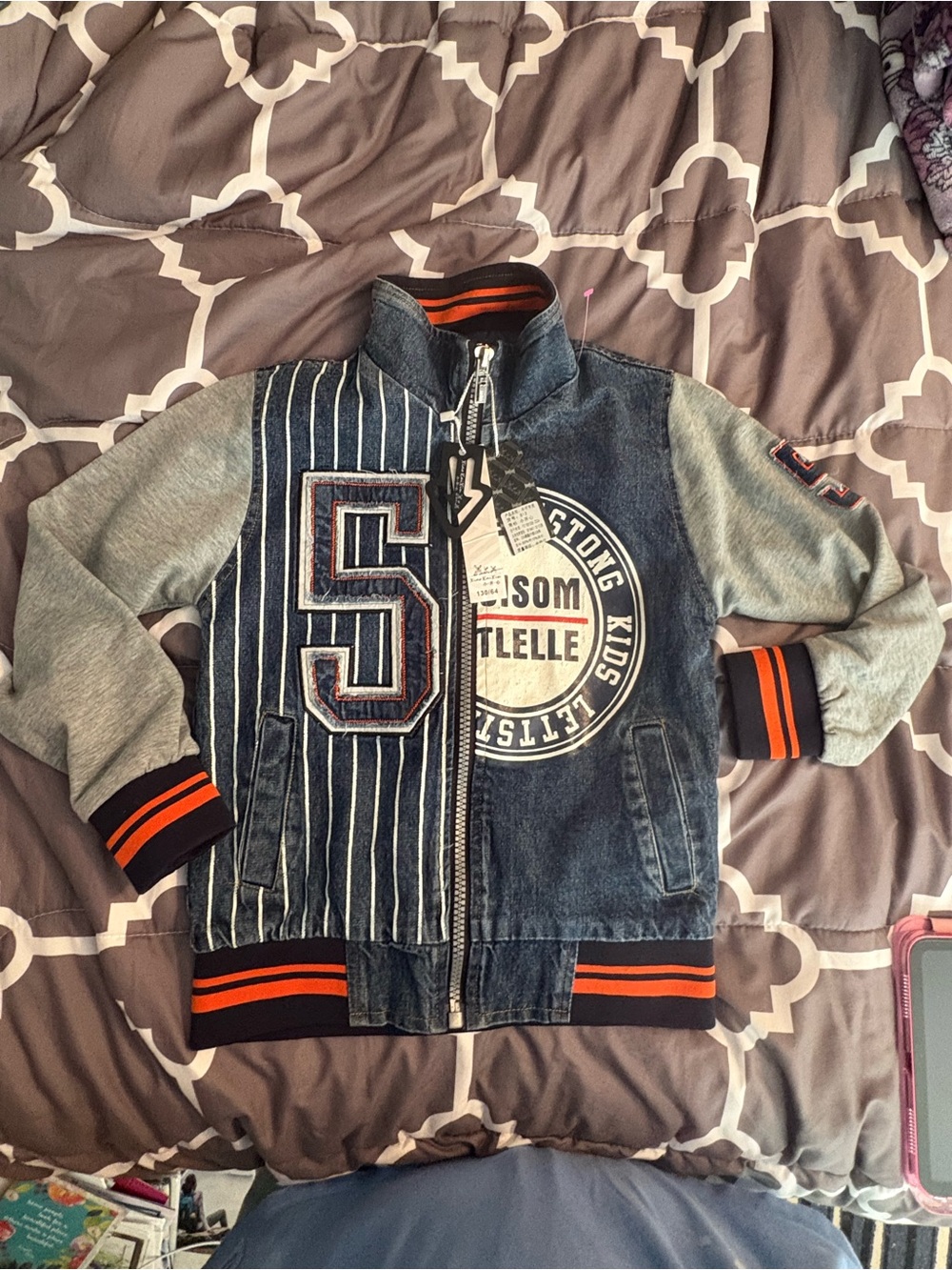 Boys Denim-Style Bomber Jacket with Grey Sleeves and Orange Trim